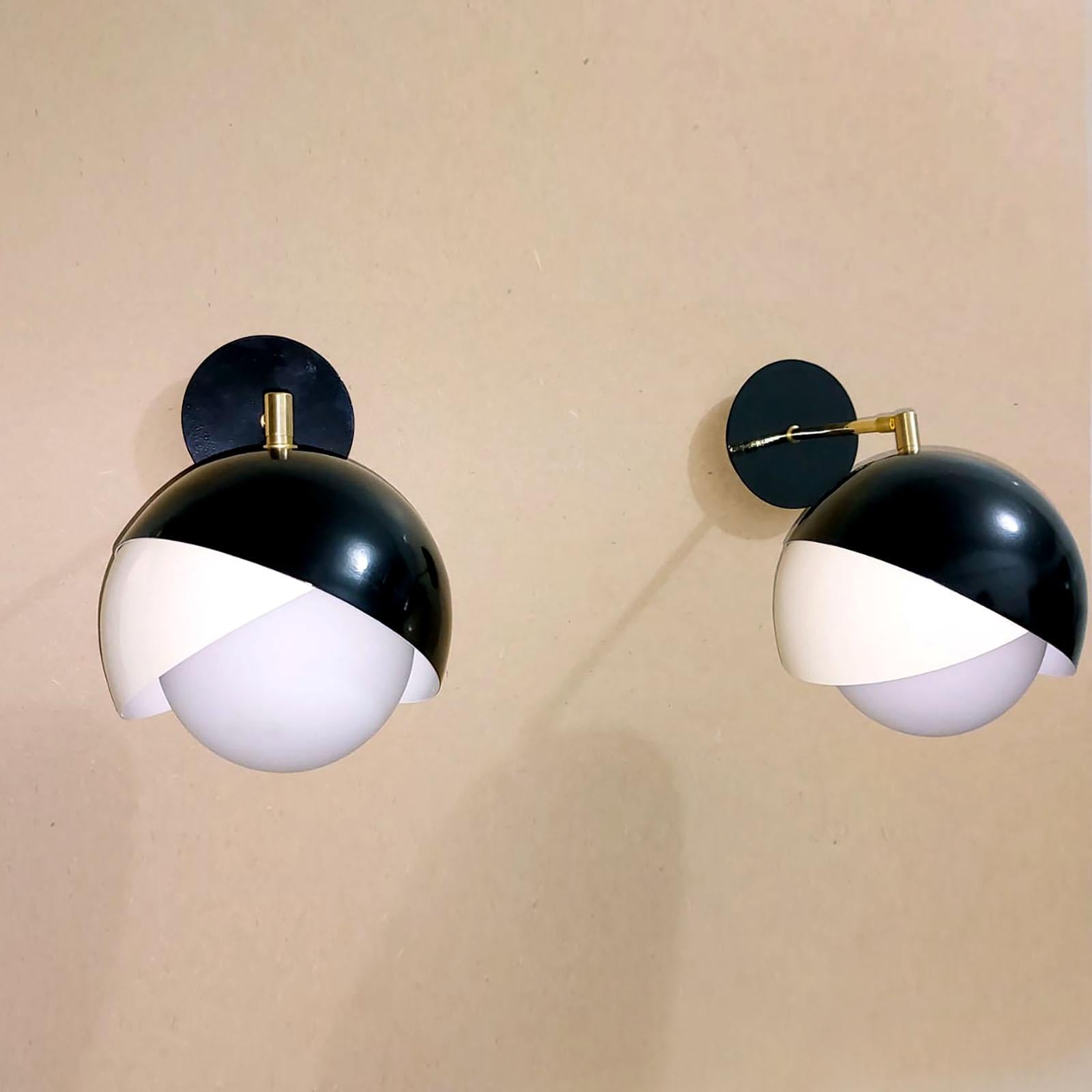Mid-Century Modern Pair of Italian Brass, Black Lacquer and Satin Glass Adjustable Wall Lights For Sale