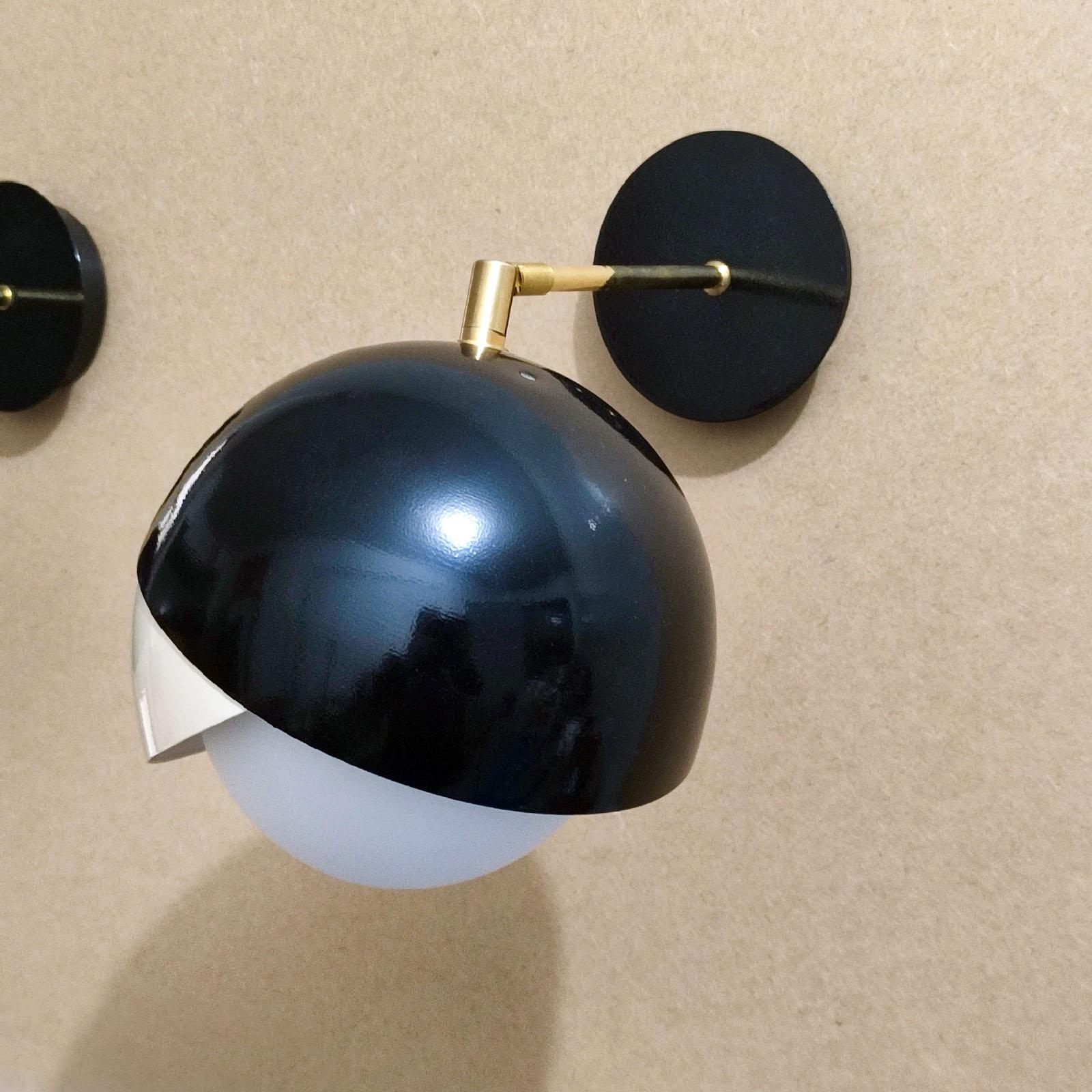 Pair of Italian Brass, Black Lacquer and Satin Glass Adjustable Wall Lights For Sale 1
