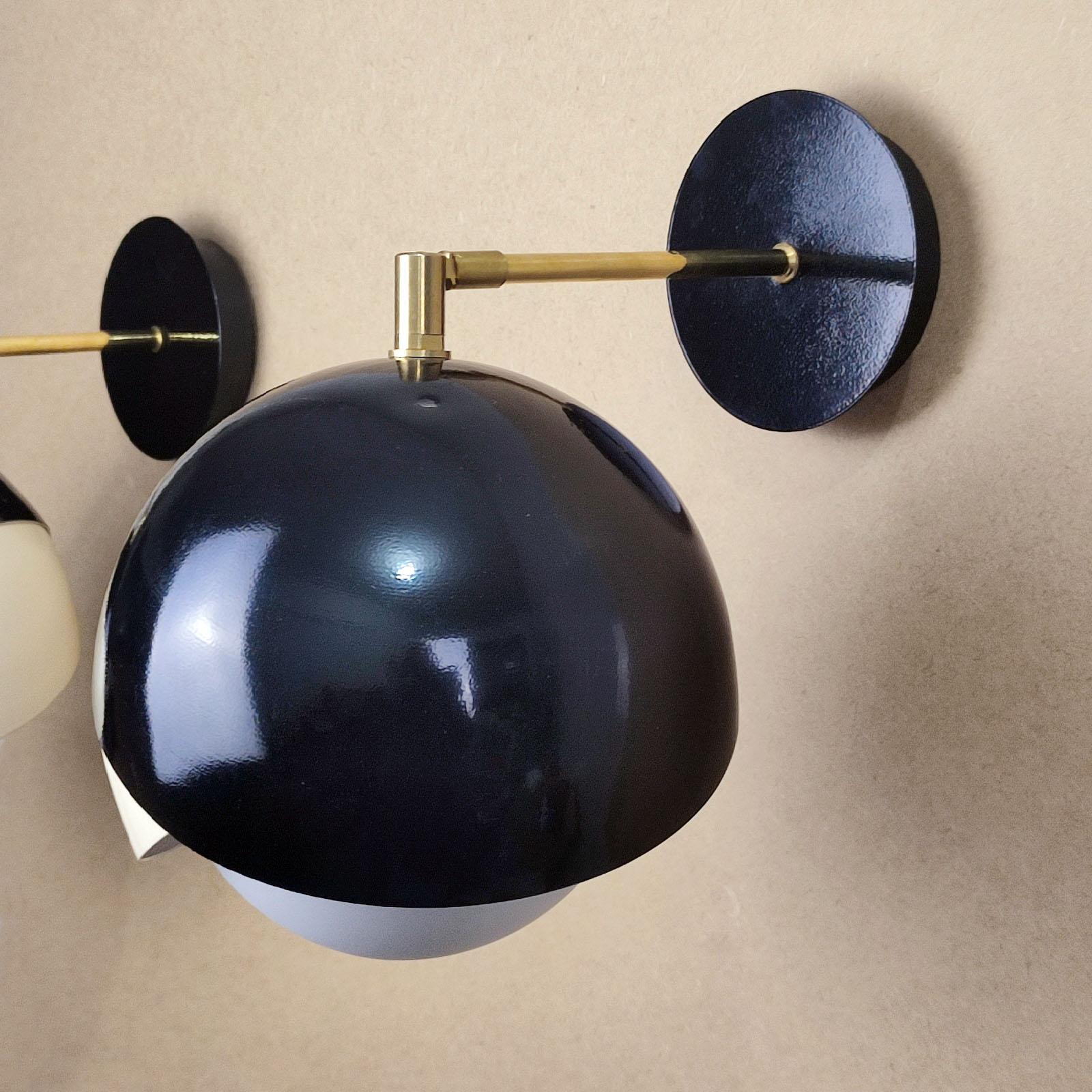 Pair of Italian Brass, Black Lacquer and Satin Glass Adjustable Wall Lights For Sale 1