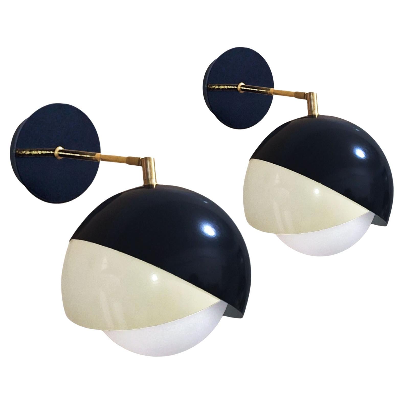 Pair of Italian Brass, Black Lacquer and Satin Glass Adjustable Wall Lights For Sale