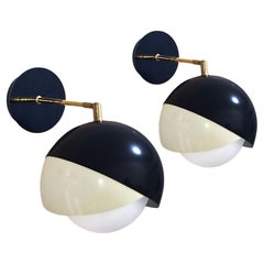 Pair of Italian Brass, Black Lacquer and Satin Glass Adjustable Wall Lights