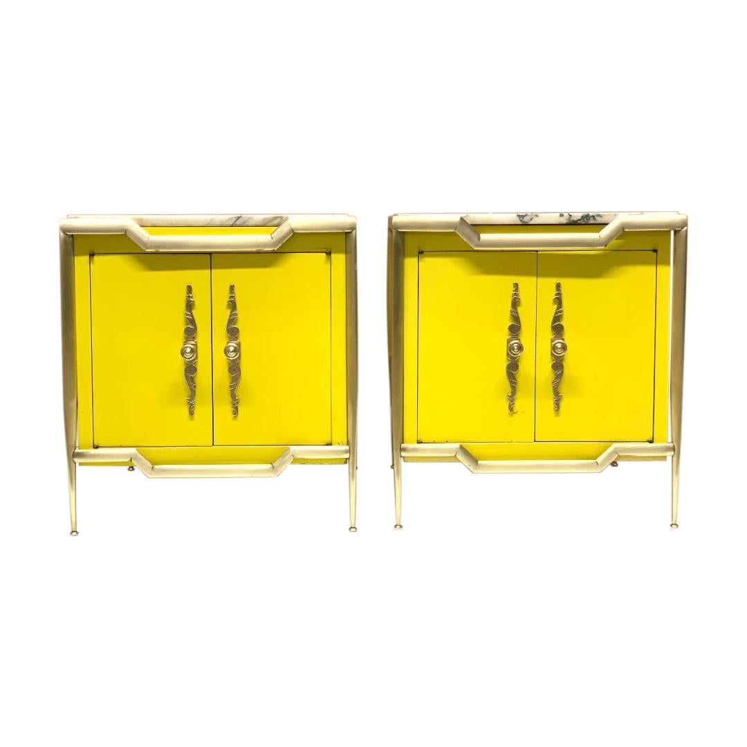 Pair of Italian Brass Cabinets with Marble Tops