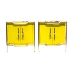 Italian Brass Cabinets with Marble Tops, Pair