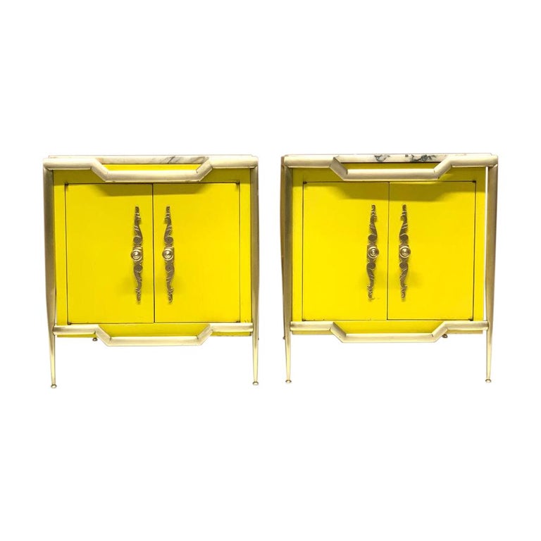 Pair of Italian Brass Cabinets with Marble Tops For Sale
