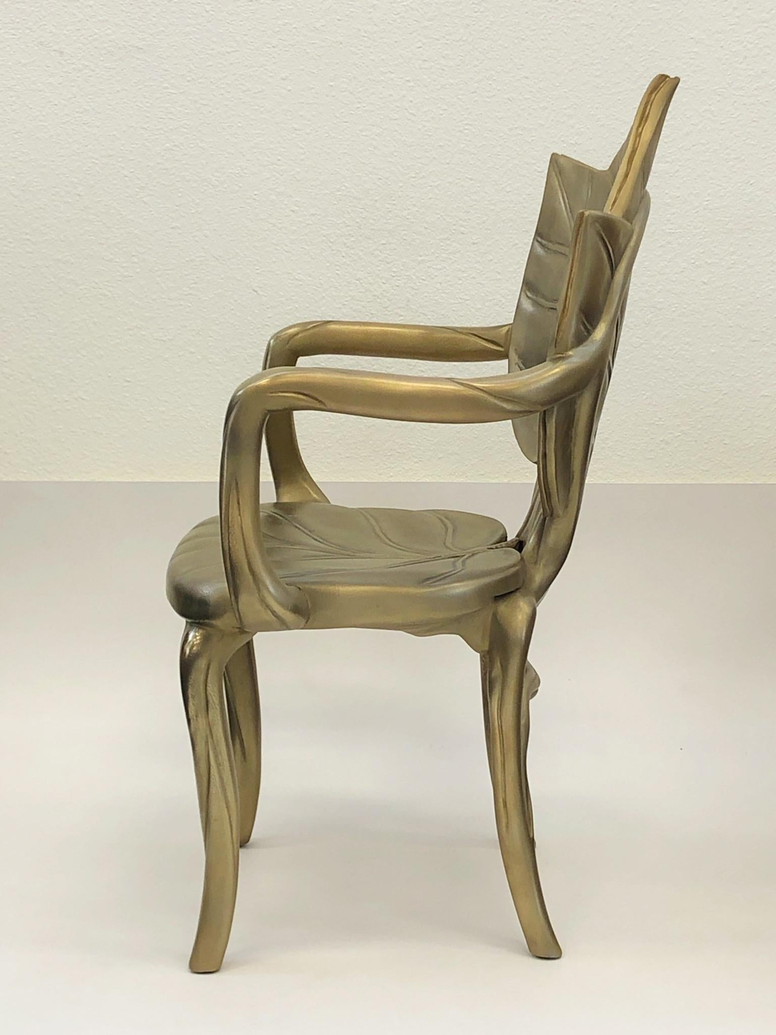 Pair of Italian Brass Carved Wooden Leaf Armchairs by Bartolozzi and Maioli For Sale 7