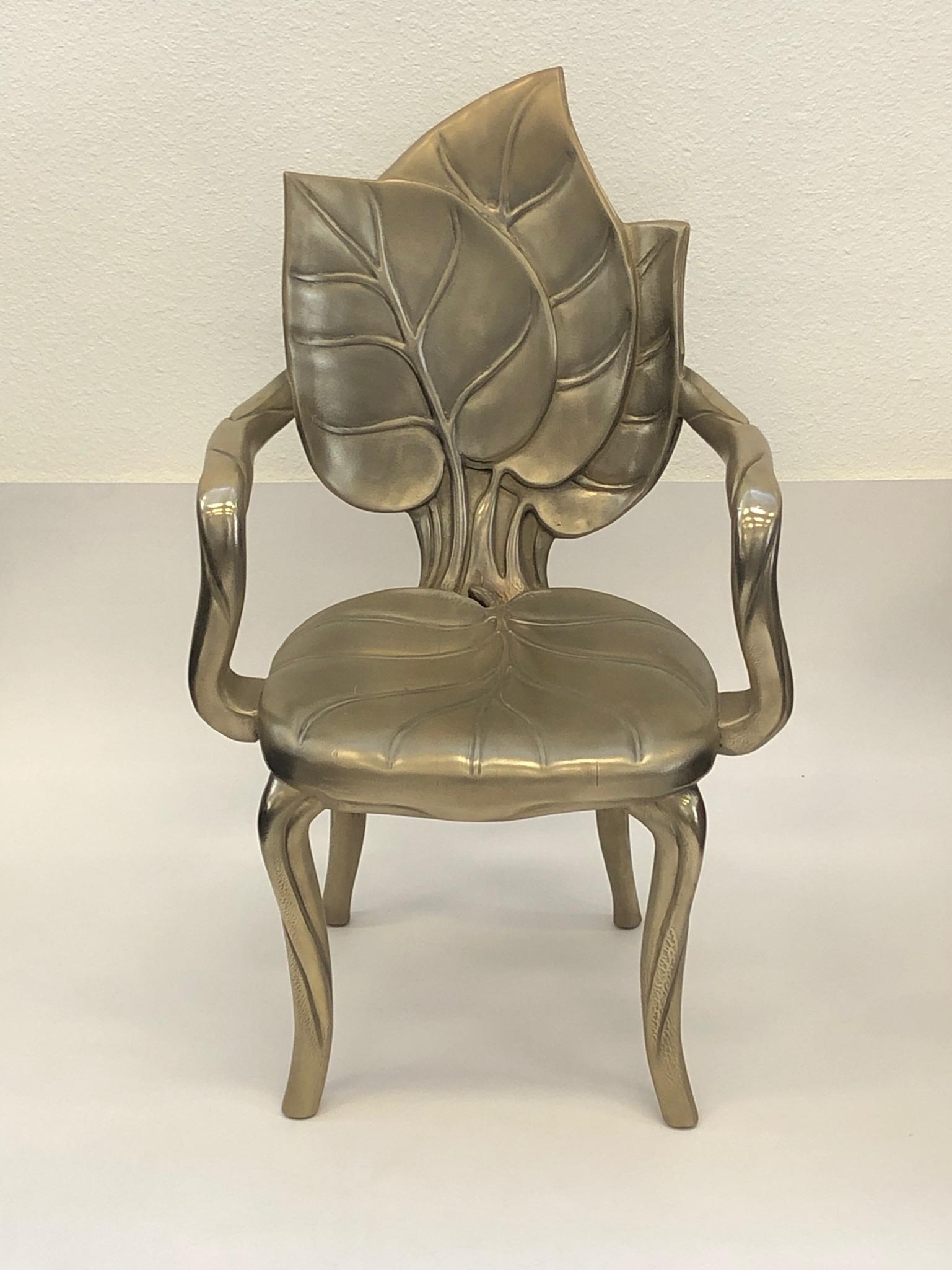 Pair of Italian Brass Carved Wooden Leaf Armchairs by Bartolozzi and Maioli For Sale 10