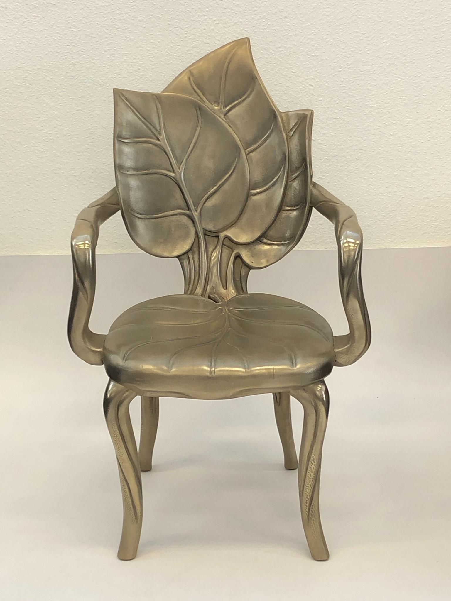 Pair of Italian Brass Carved Wooden Leaf Armchairs by Bartolozzi and Maioli For Sale 10