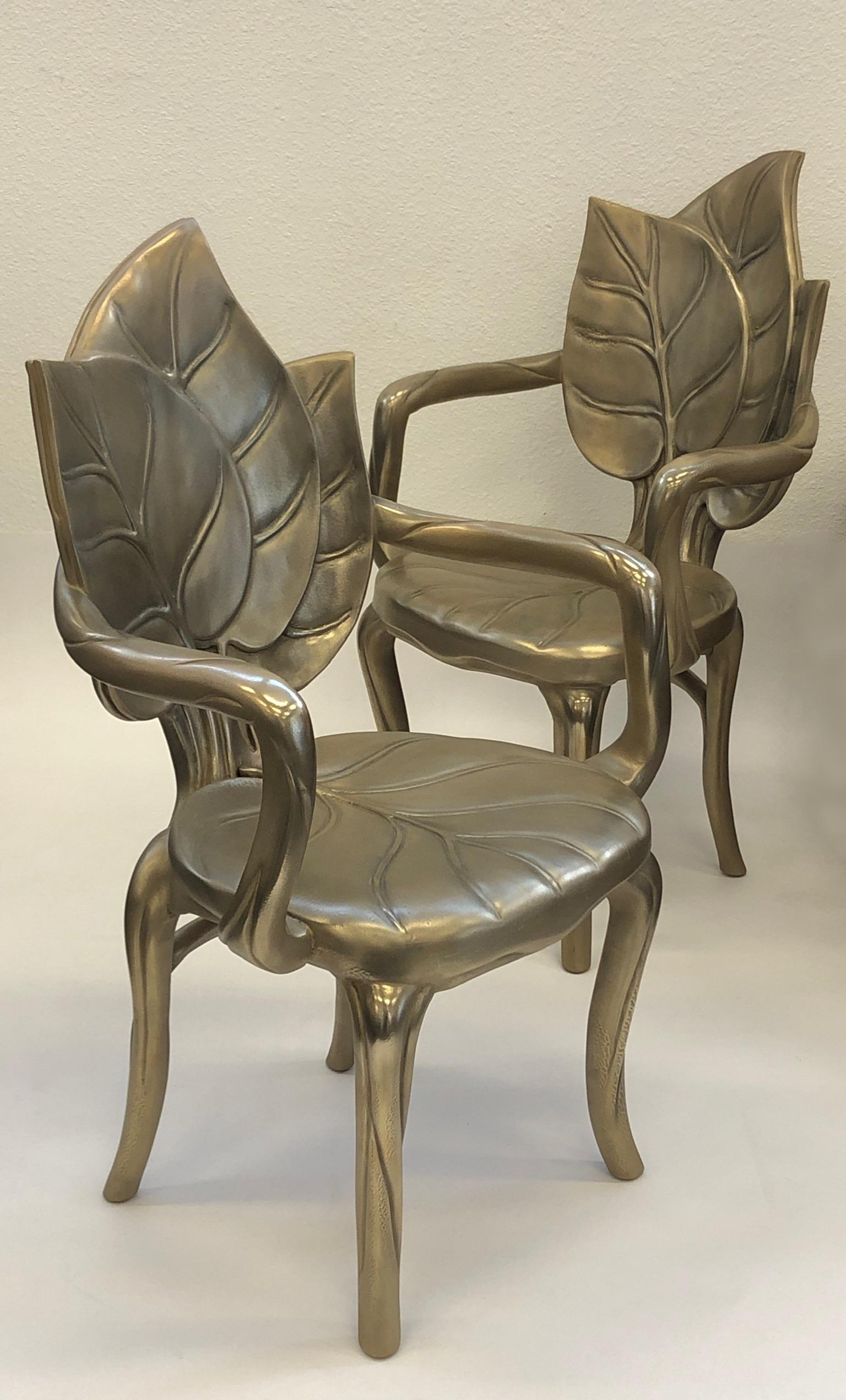 Pair of Italian Brass Carved Wooden Leaf Armchairs by Bartolozzi and Maioli For Sale 13