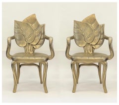 Pair of Italian Brass Carved Wooden Leaf Armchairs by Bartolozzi and Maioli