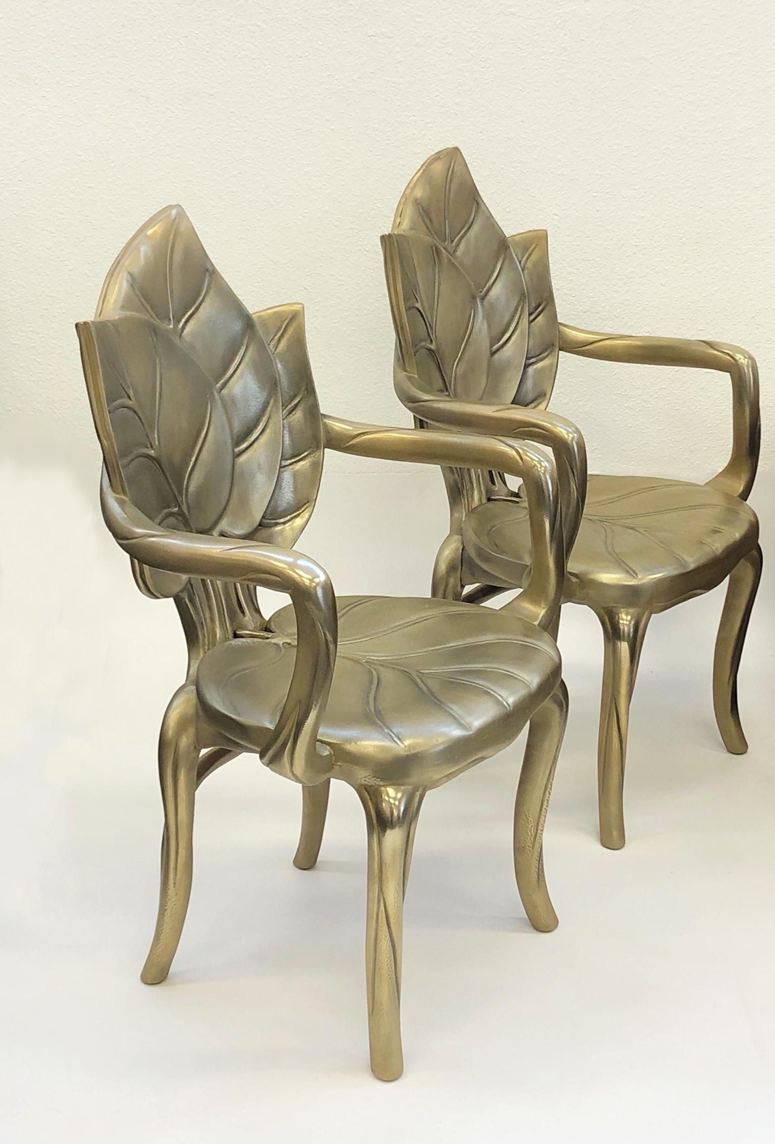 Modern Pair of Italian Brass Carved Wooden Leaf Armchairs by Bartolozzi and Maioli For Sale