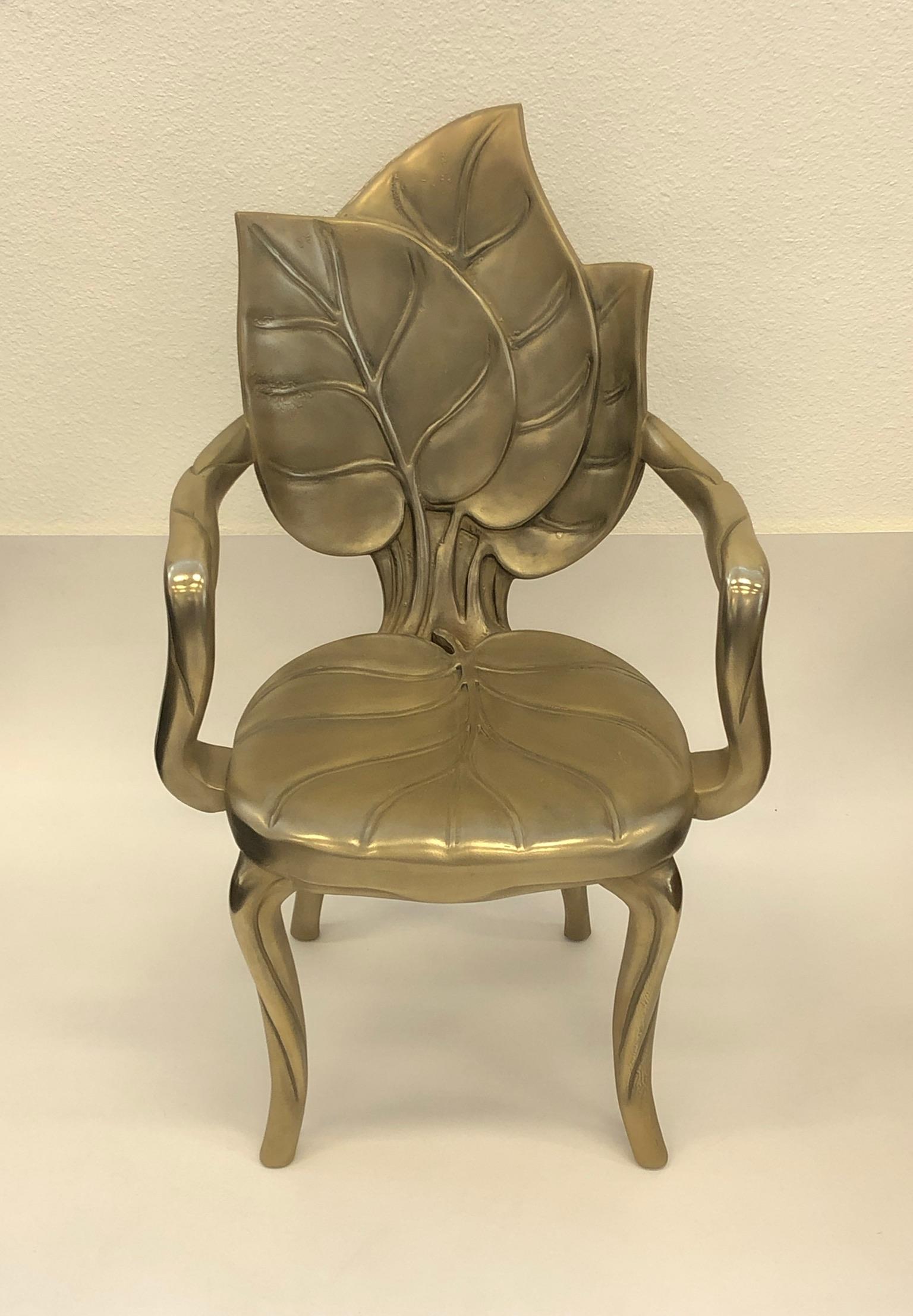 Late 20th Century Pair of Italian Brass Carved Wooden Leaf Armchairs by Bartolozzi and Maioli For Sale
