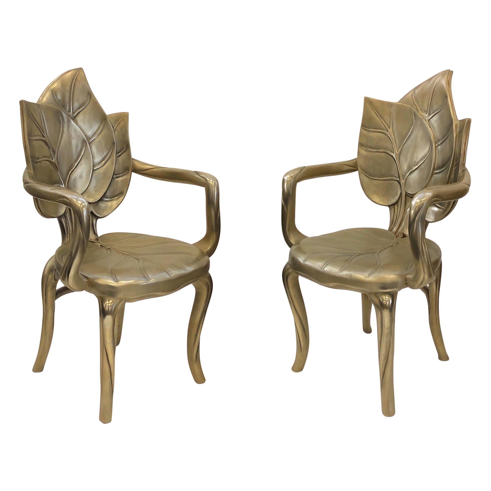 Pair of Italian Brass Carved Wooden Leaf Armchairs by Bartolozzi and Maioli For Sale