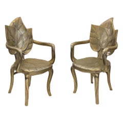 Pair of Italian Brass Carved Wooden Leaf Armchairs by Bartolozzi and Maioli
