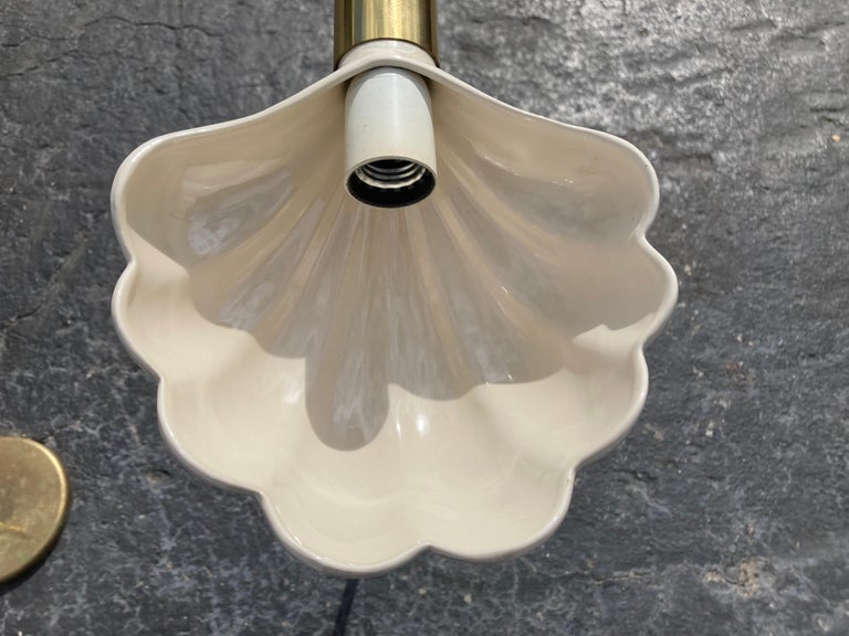 Pair of Italian Brass Ceramic Scallop Shell Shade Reading Floor Lamps, 1970s For Sale 6
