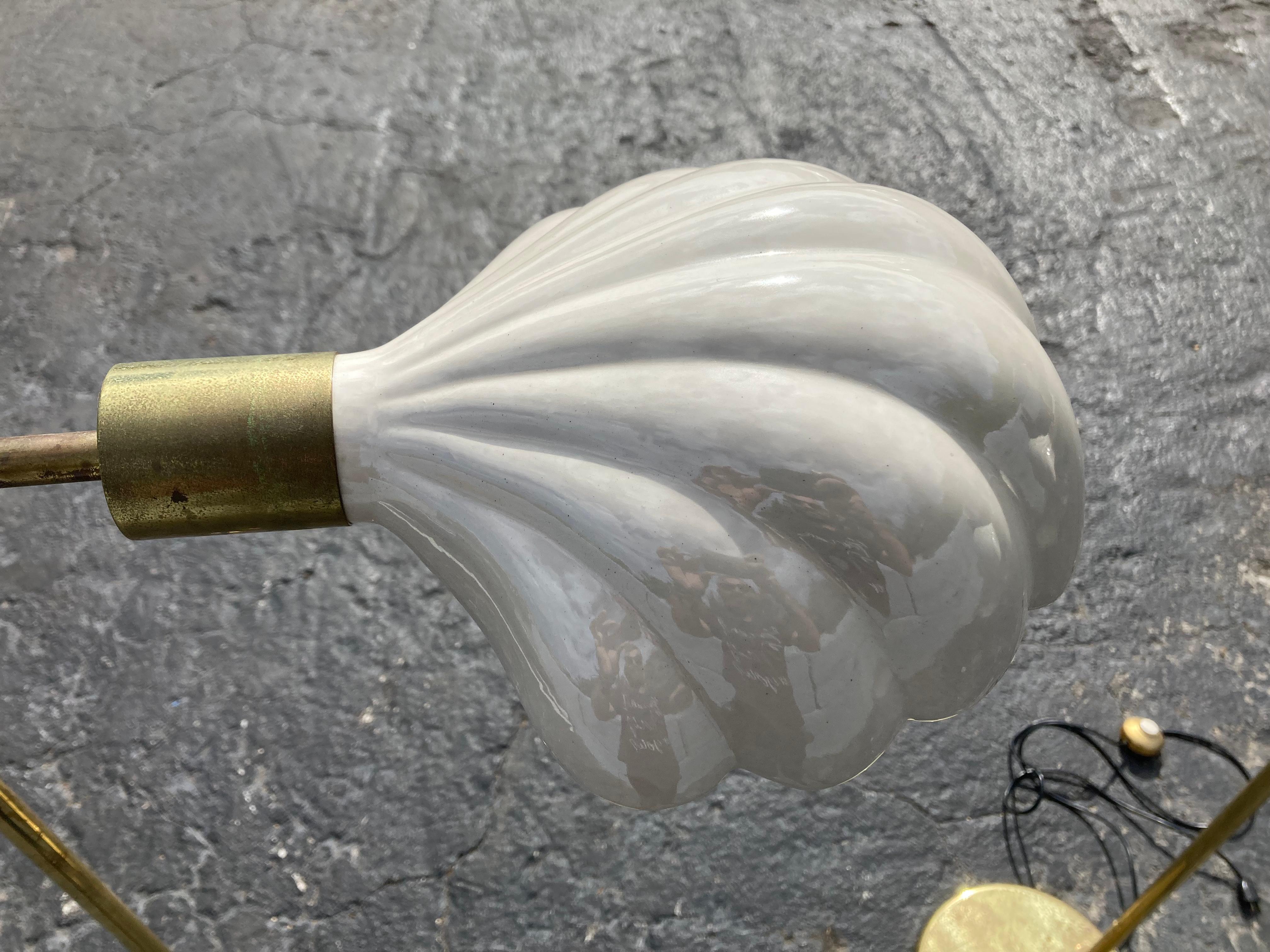 Pair of Italian Brass Ceramic Scallop Shell Shade Reading Floor Lamps, 1970s 8