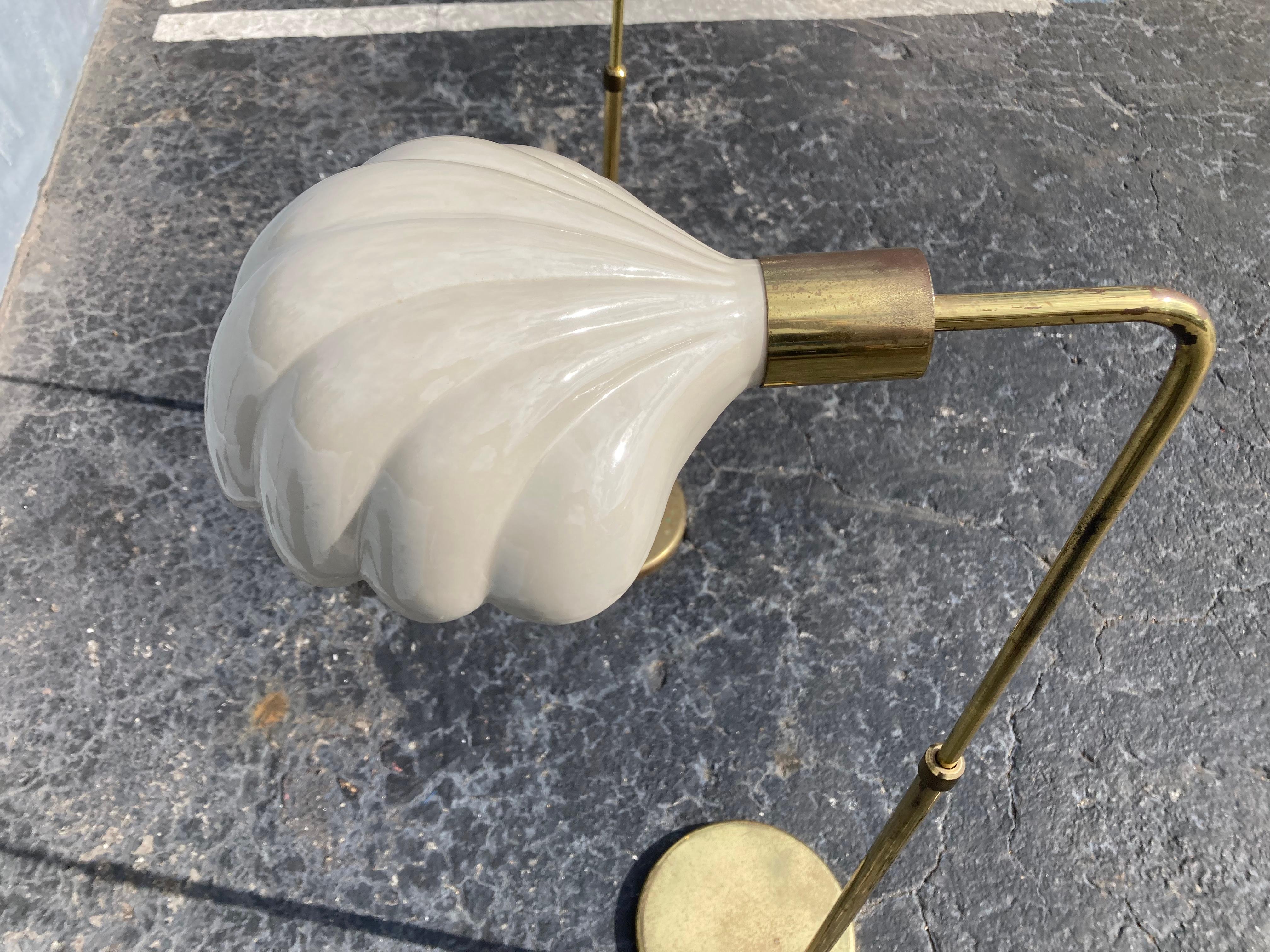 Pair of Italian Brass Ceramic Scallop Shell Shade Reading Floor Lamps, 1970s 13