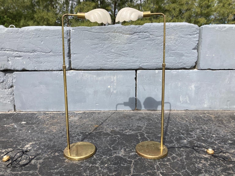Pair of ceramic and brass reading floor lamps. Height is adjustable. Made in Italy. Great condition without any damages. Brass shows strong patina, please see all pictures. Thanks.