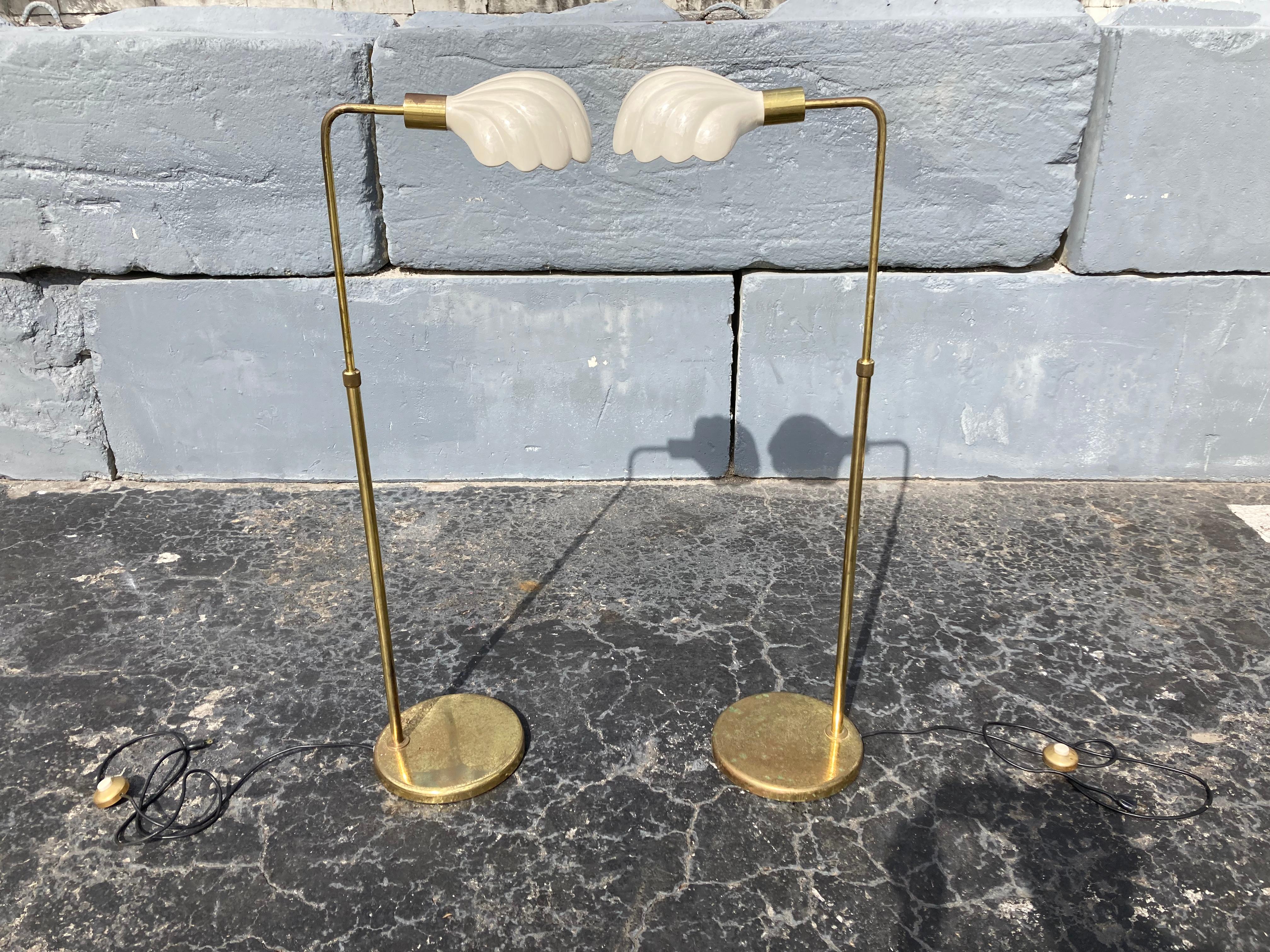 Metal Pair of Italian Brass Ceramic Scallop Shell Shade Reading Floor Lamps, 1970s