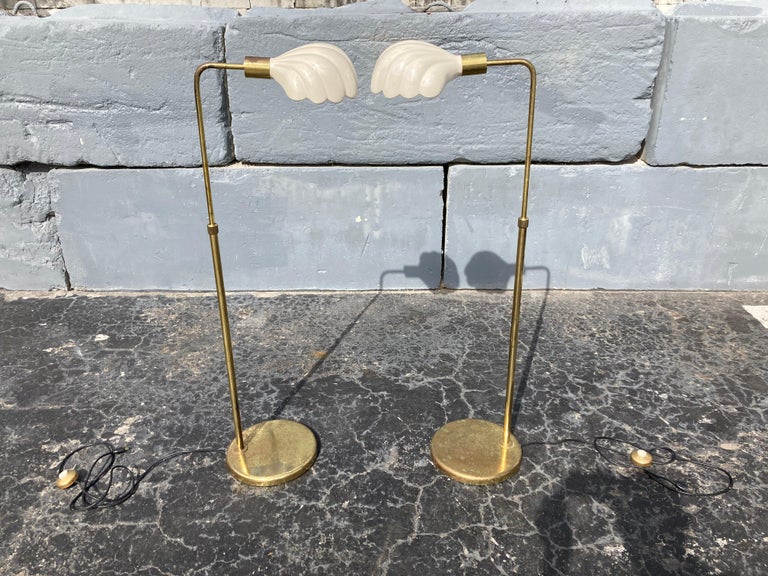 Metal Pair of Italian Brass Ceramic Scallop Shell Shade Reading Floor Lamps, 1970s For Sale