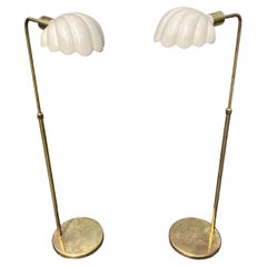 Pair of Italian Brass Ceramic Scallop Shell Shade Reading Floor Lamps, 1970s