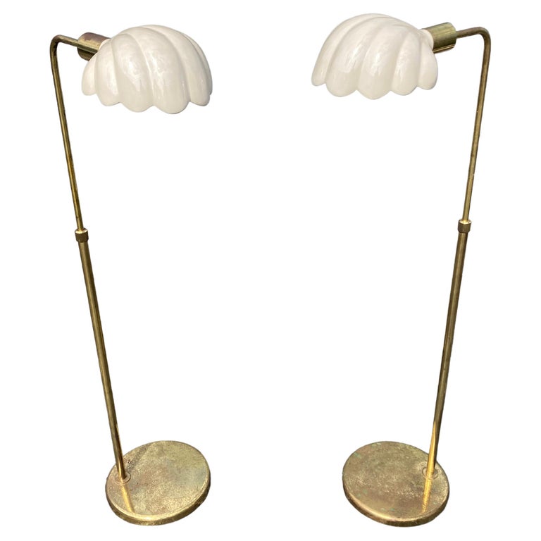 Pair of Italian Brass Ceramic Scallop Shell Shade Reading Floor Lamps, 1970s For Sale