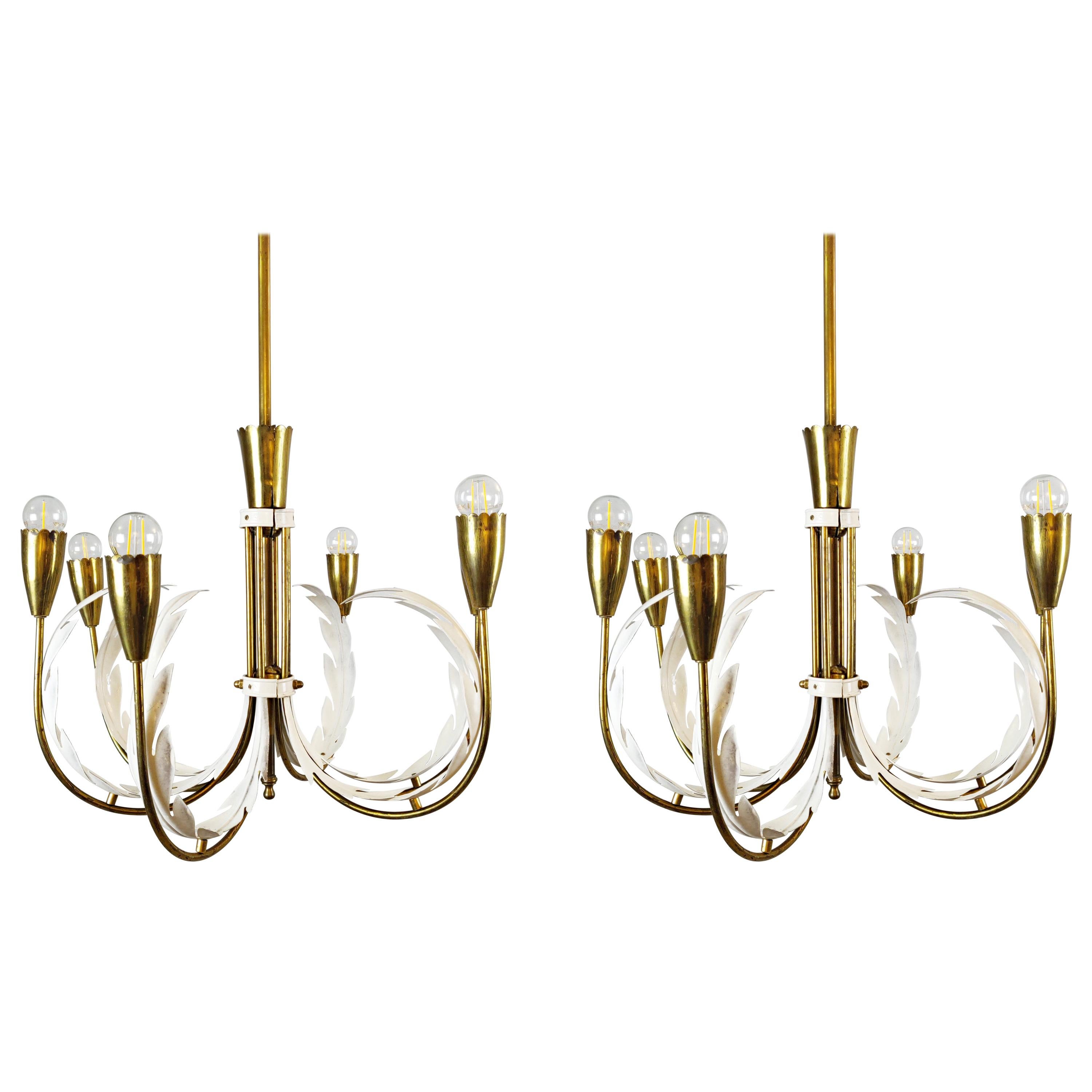 Pair of Italian Brass Chandeliers For Sale