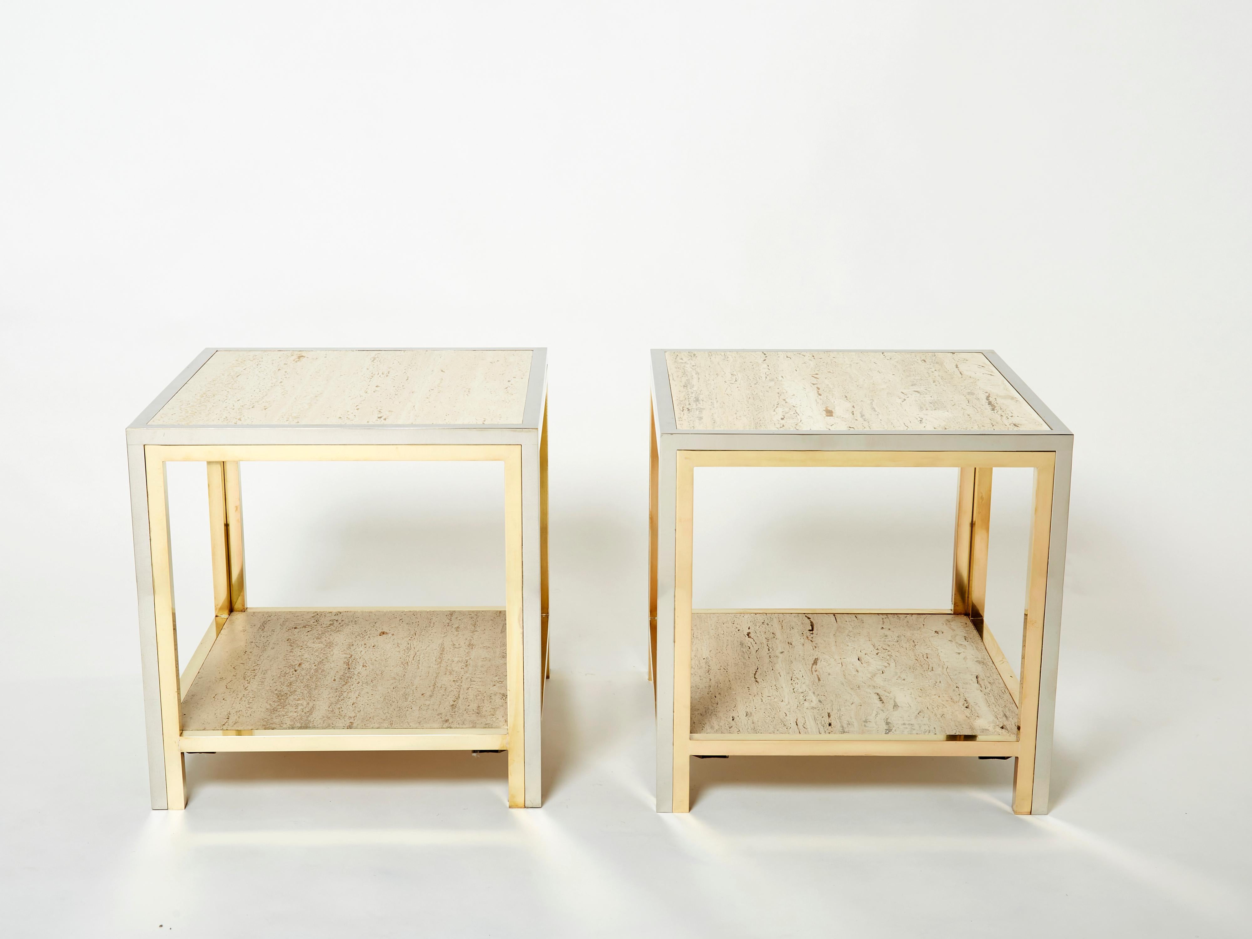 A beautiful piece of design, this pair of two-tier end tables or side tables will be the focal point of your living room. Symmetrical brass and chrome elements match perfectly with the travertine tops, the result being impressively sleek decorative