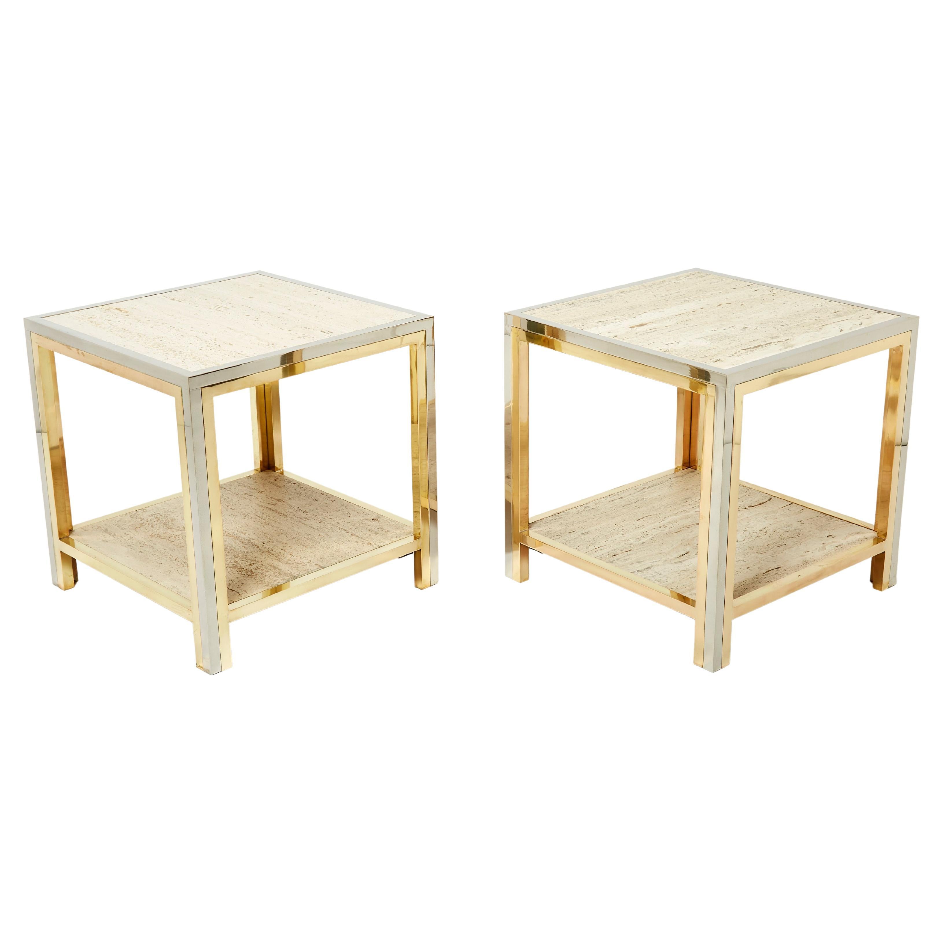 Pair of Italian Brass Chrome Travertine End Tables Romeo Rega, 1970s