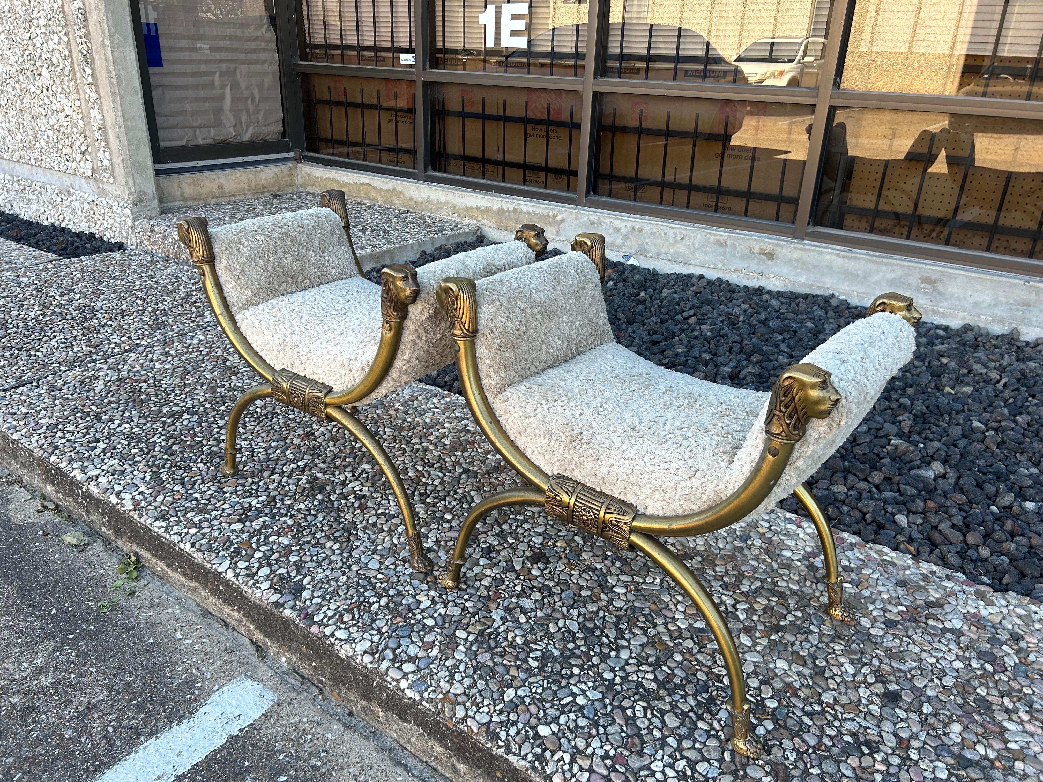 Pair Of Italian Brass Curule Benches With Lions Heads 5