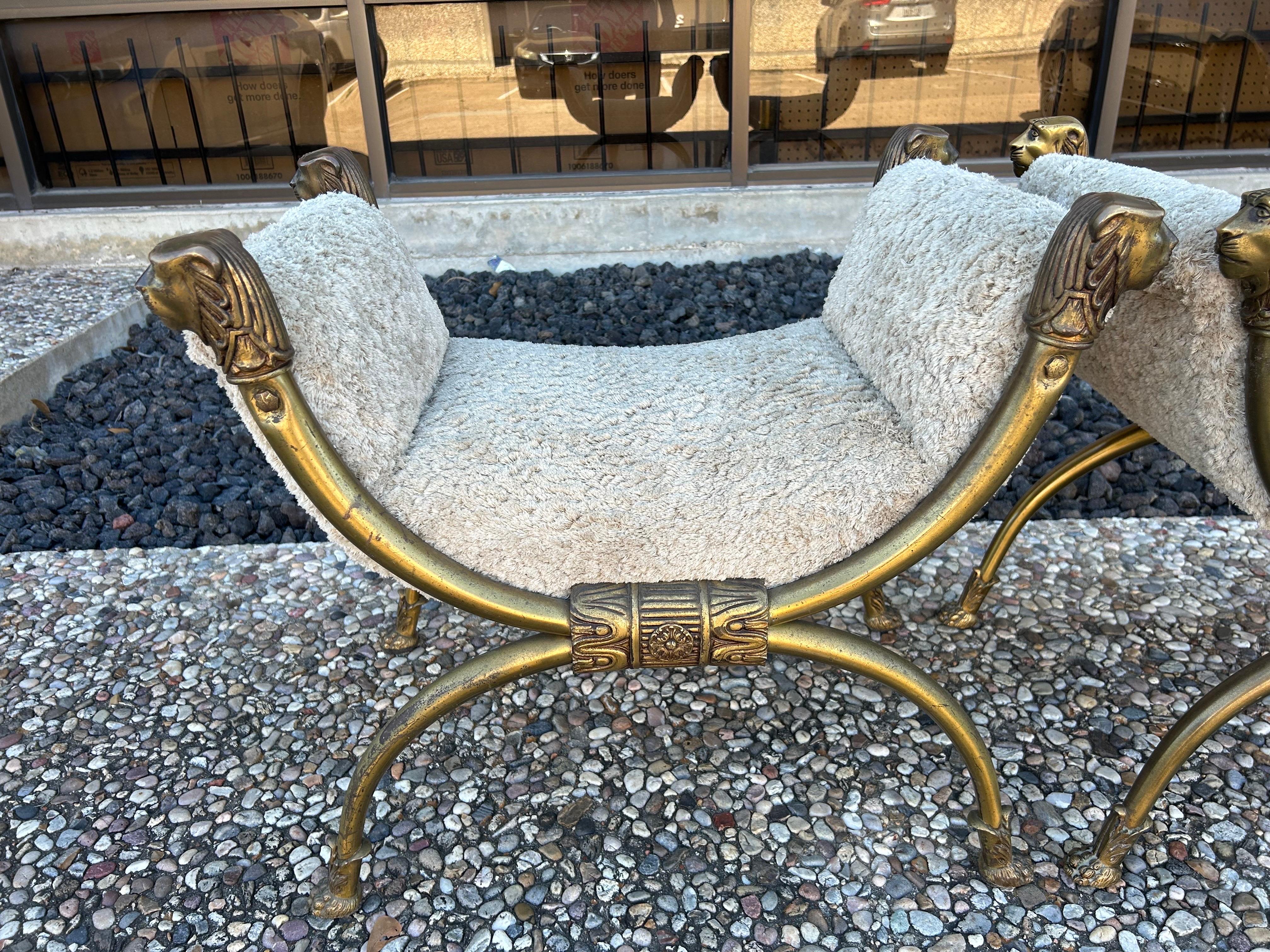 Neoclassical Pair Of Italian Brass Curule Benches With Lions Heads