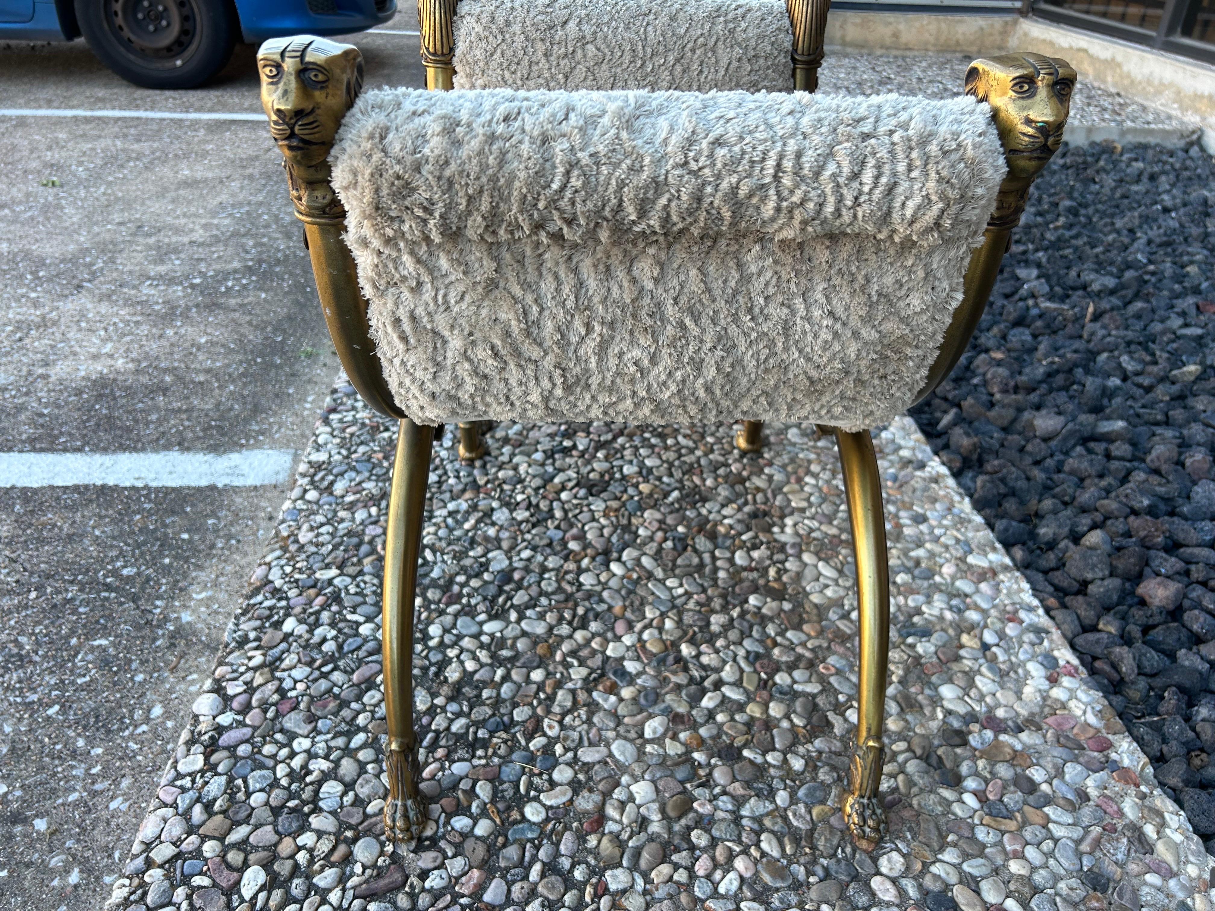 Pair Of Italian Brass Curule Benches With Lions Heads In Good Condition For Sale In Houston, TX