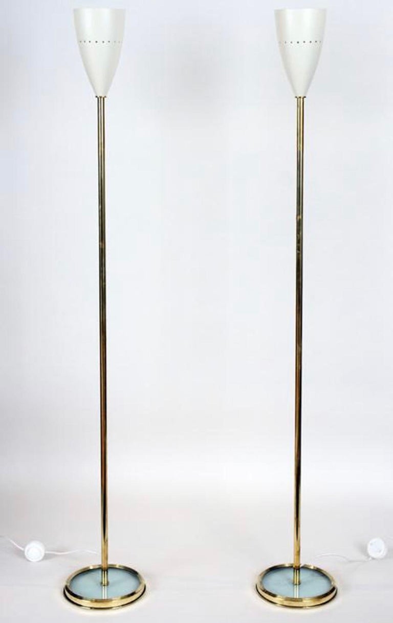 Pair of Italian Brass Floor Lamps with Metal Shades For Sale at 1stDibs