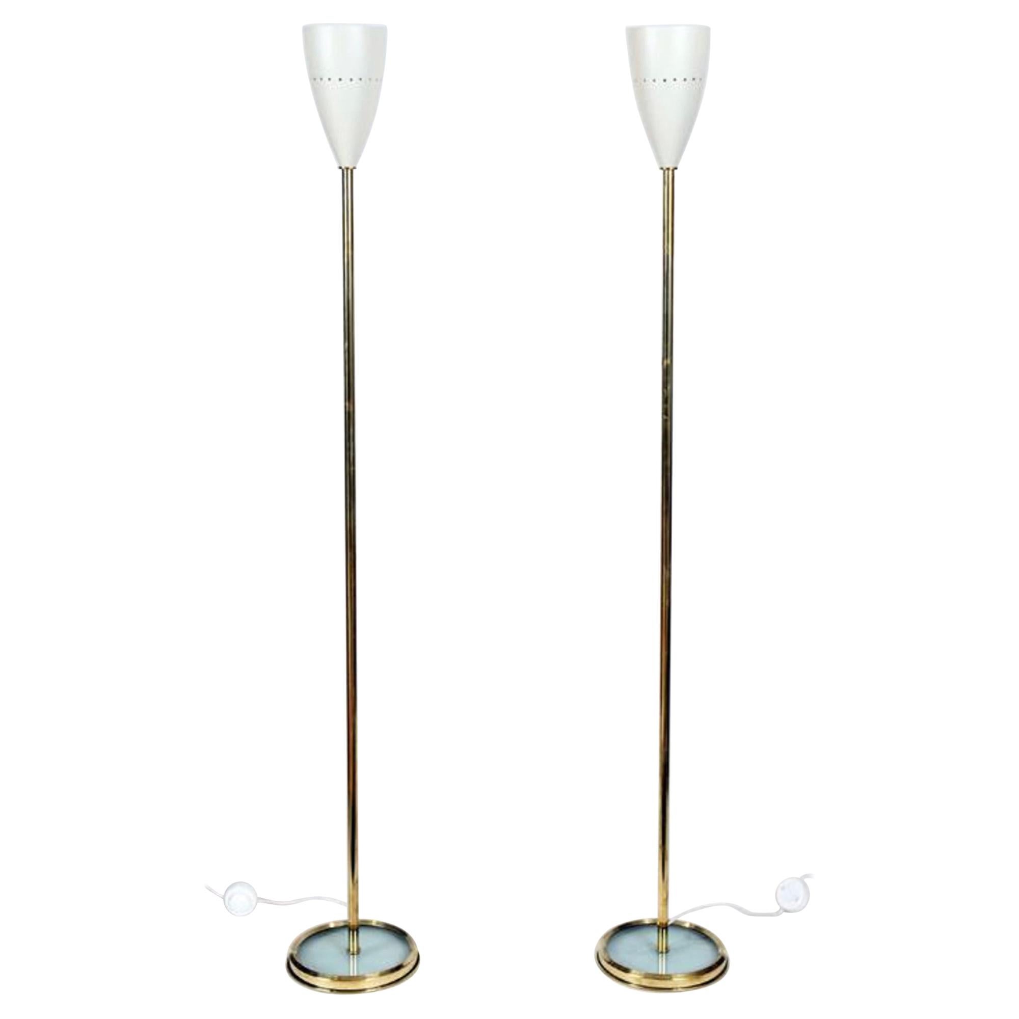 Pair of Italian Brass Floor Lamps with Metal Shades