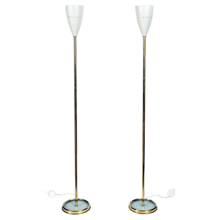 Pair of Italian Brass Floor Lamps with Metal Shades For Sale at 1stDibs