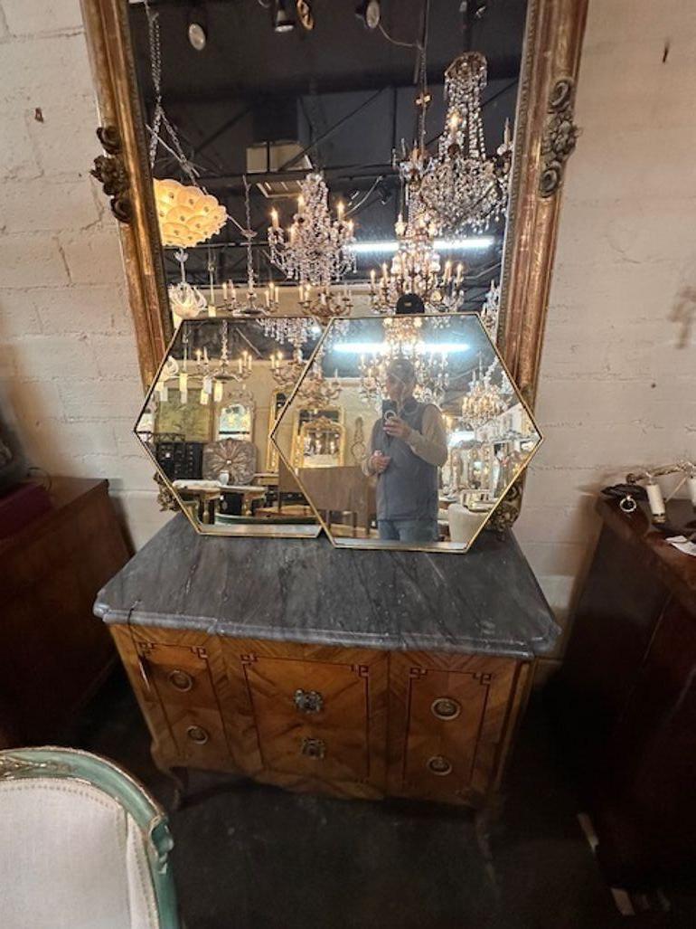 Pair of Italian Brass Frame Hex Mirrors In Good Condition For Sale In Dallas, TX