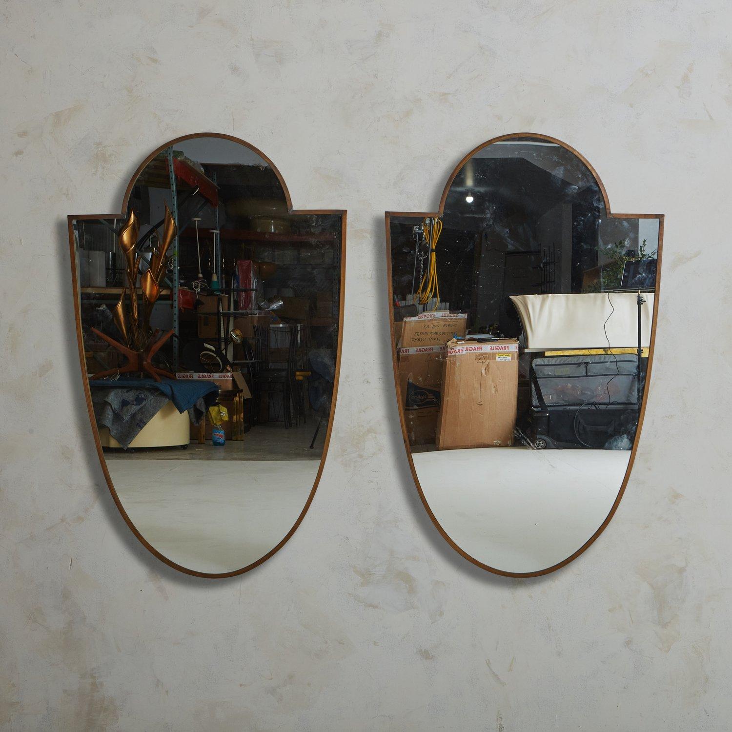 Mid-Century Modern Pair of Italian Brass Frame Shield Mirrors, 20th Century