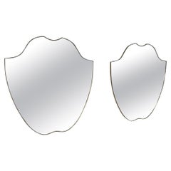 Pair of Italian Brass Framed Shield Form Wall Mirrors, 1950s