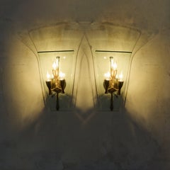 Pair of Italian Brass + Glass 3-Socket Sconces Attributed to Fontana Arte, 1940s
