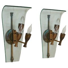 Pair of Italian Brass + Glass 3-Socket Sconces Attributed to Fontana Arte, 1940s