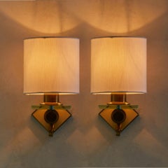 Pair of Italian Brass + Glass Sconces with Drum Shades, 1960s