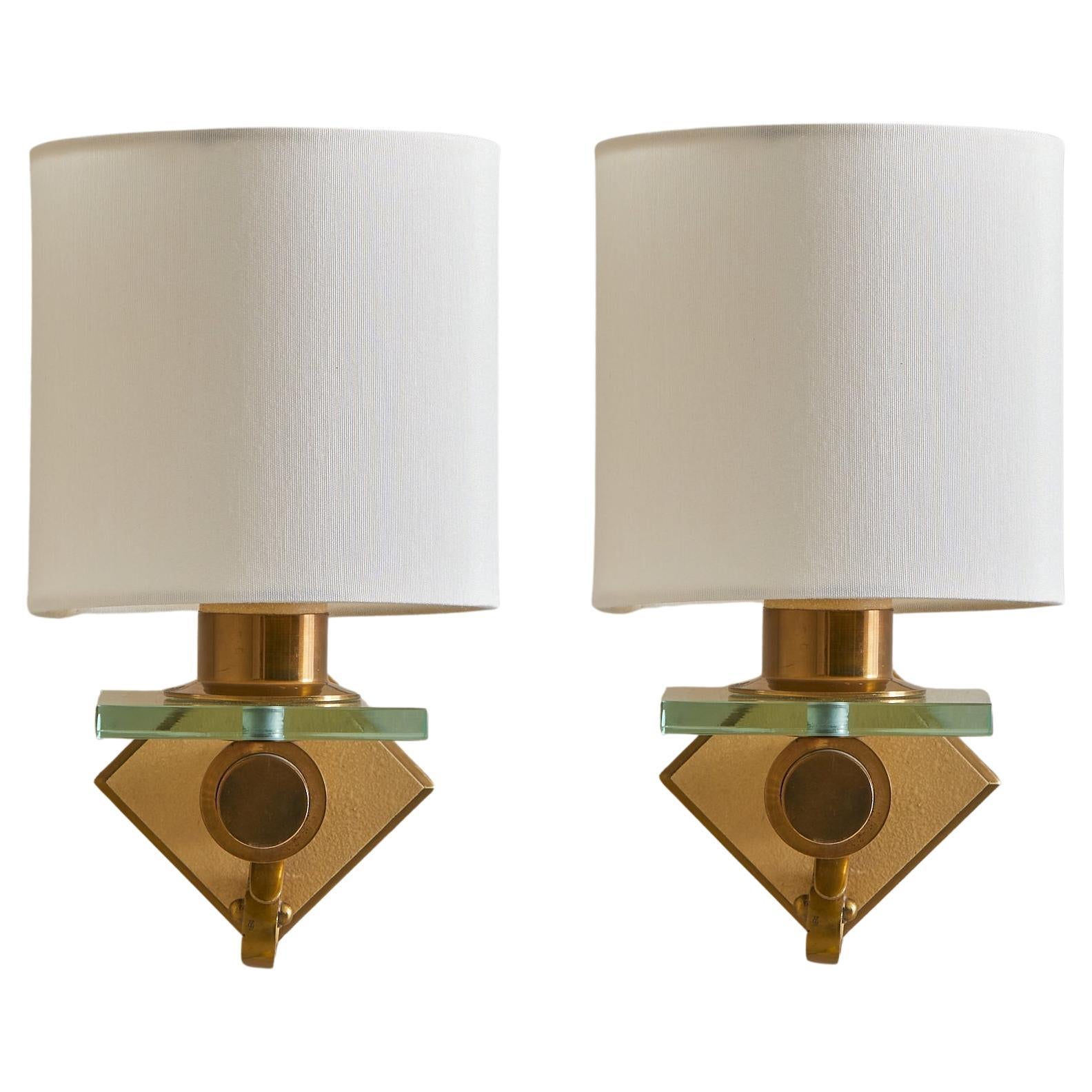Pair of Italian Brass + Glass Sconces with Drum Shades, 1960s en venta