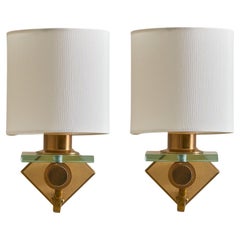 Pair of Italian Brass + Glass Sconces with Drum Shades, 1960s