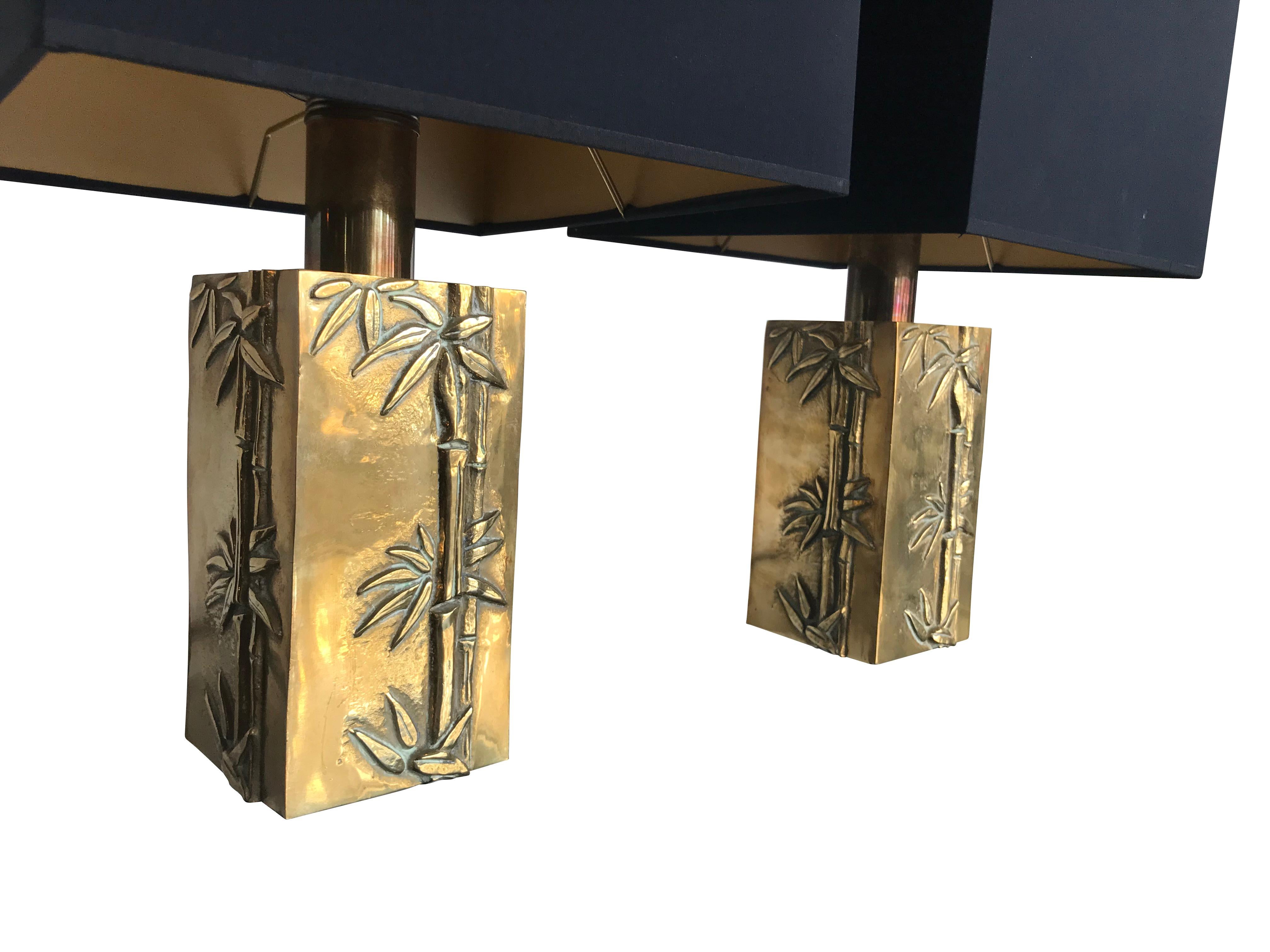 Mid-20th Century Pair of Italian Brass Lamps with Bamboo Relief Design