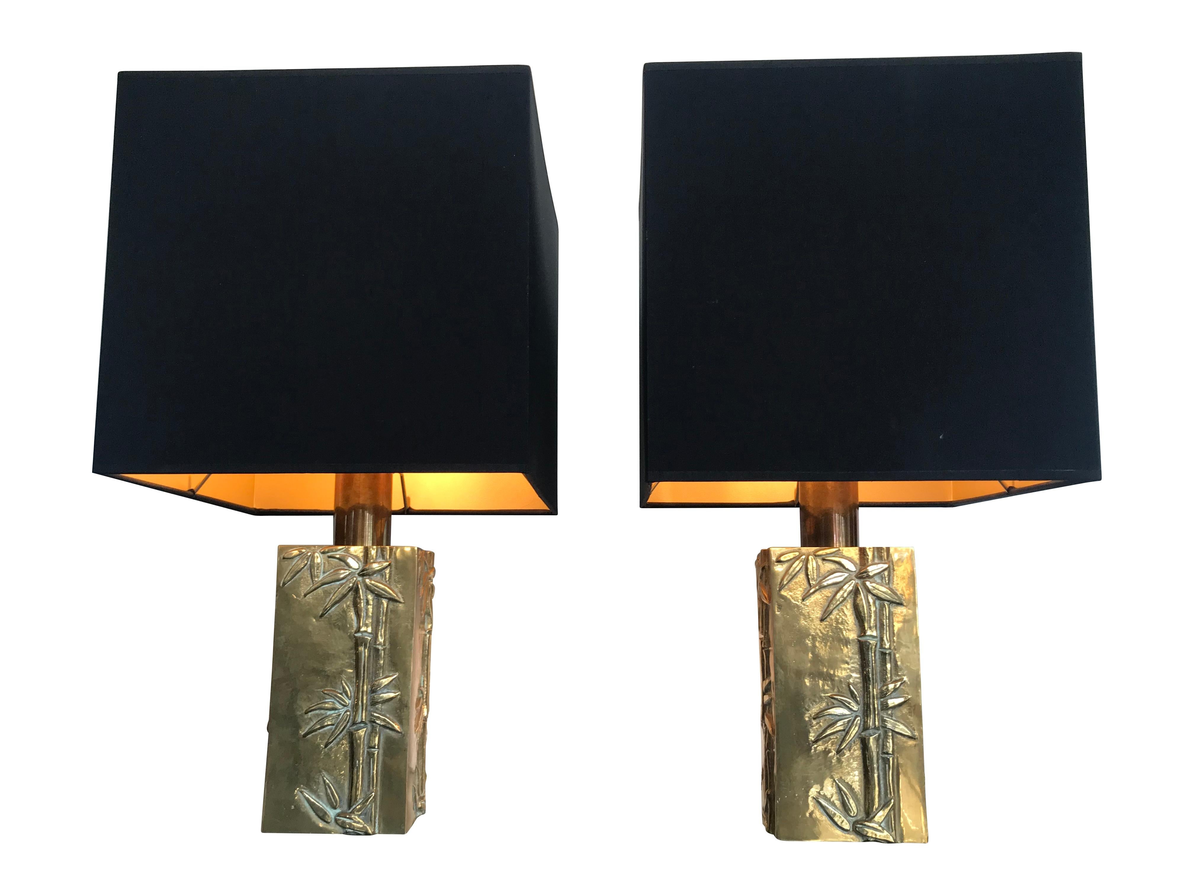 Pair of Italian Brass Lamps with Bamboo Relief Design 1