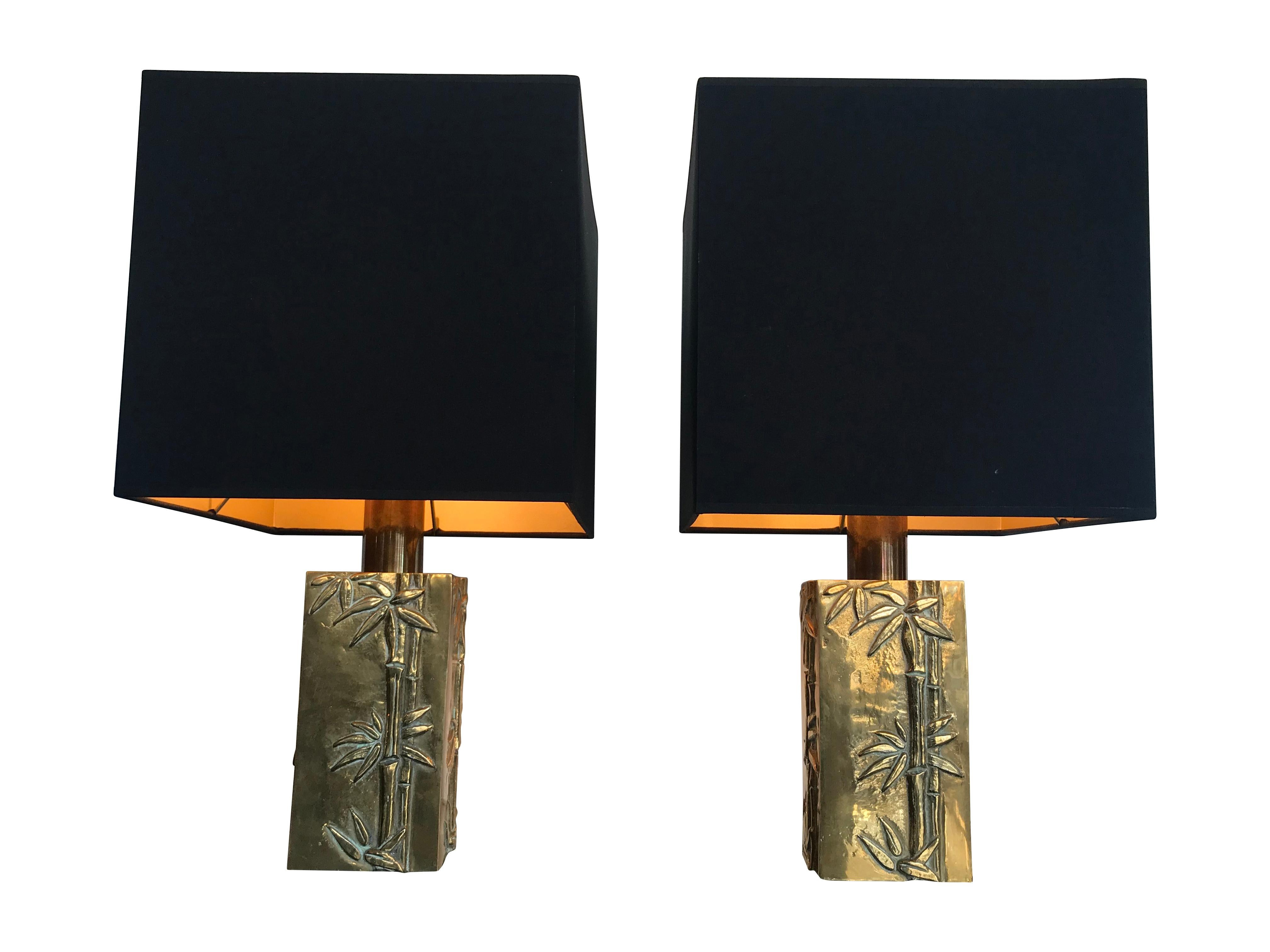 Pair of Italian Brass Lamps with Bamboo Relief Design 2