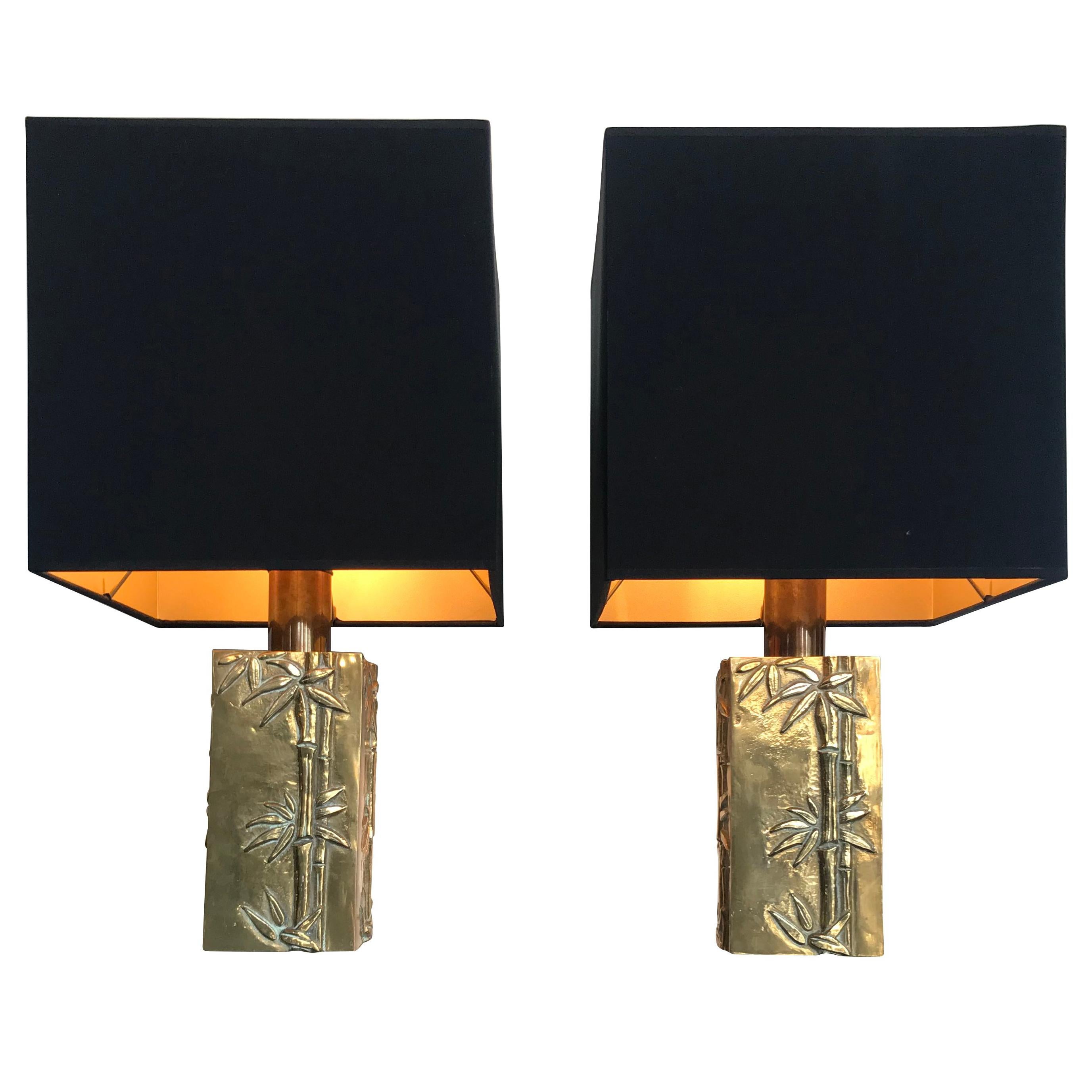 Pair of Italian Brass Lamps with Bamboo Relief Design