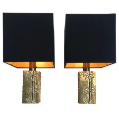 Pair of Italian Brass Lamps with Bamboo Relief Design