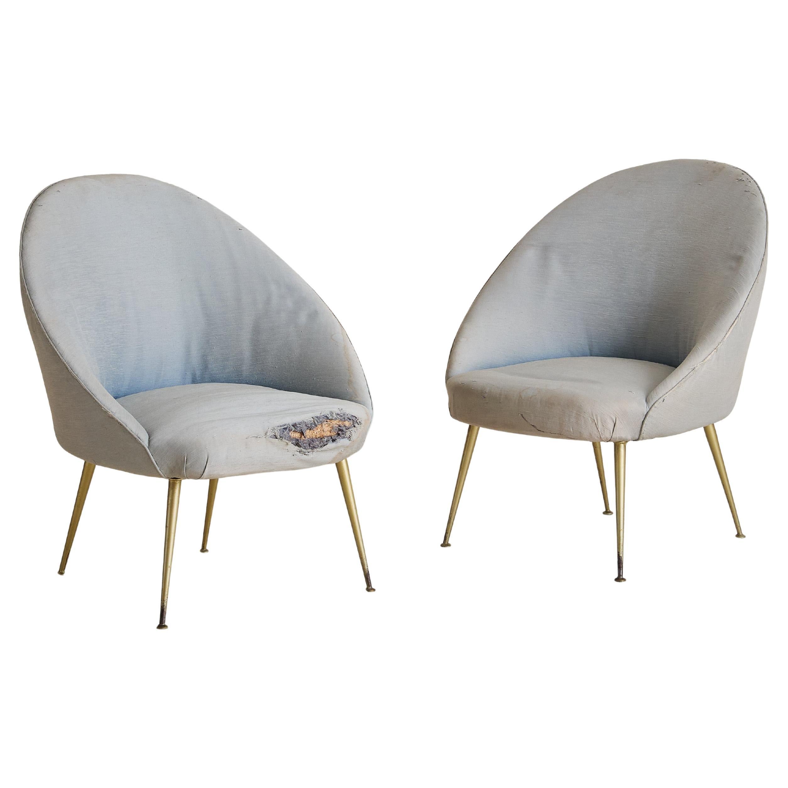 Pair of Italian Brass Leg Lounge Chairs in Original Upholstery, 1950s