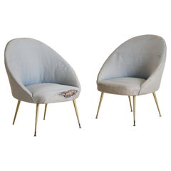 Pair of Italian Brass Leg Lounge Chairs in Original Upholstery, 1950s