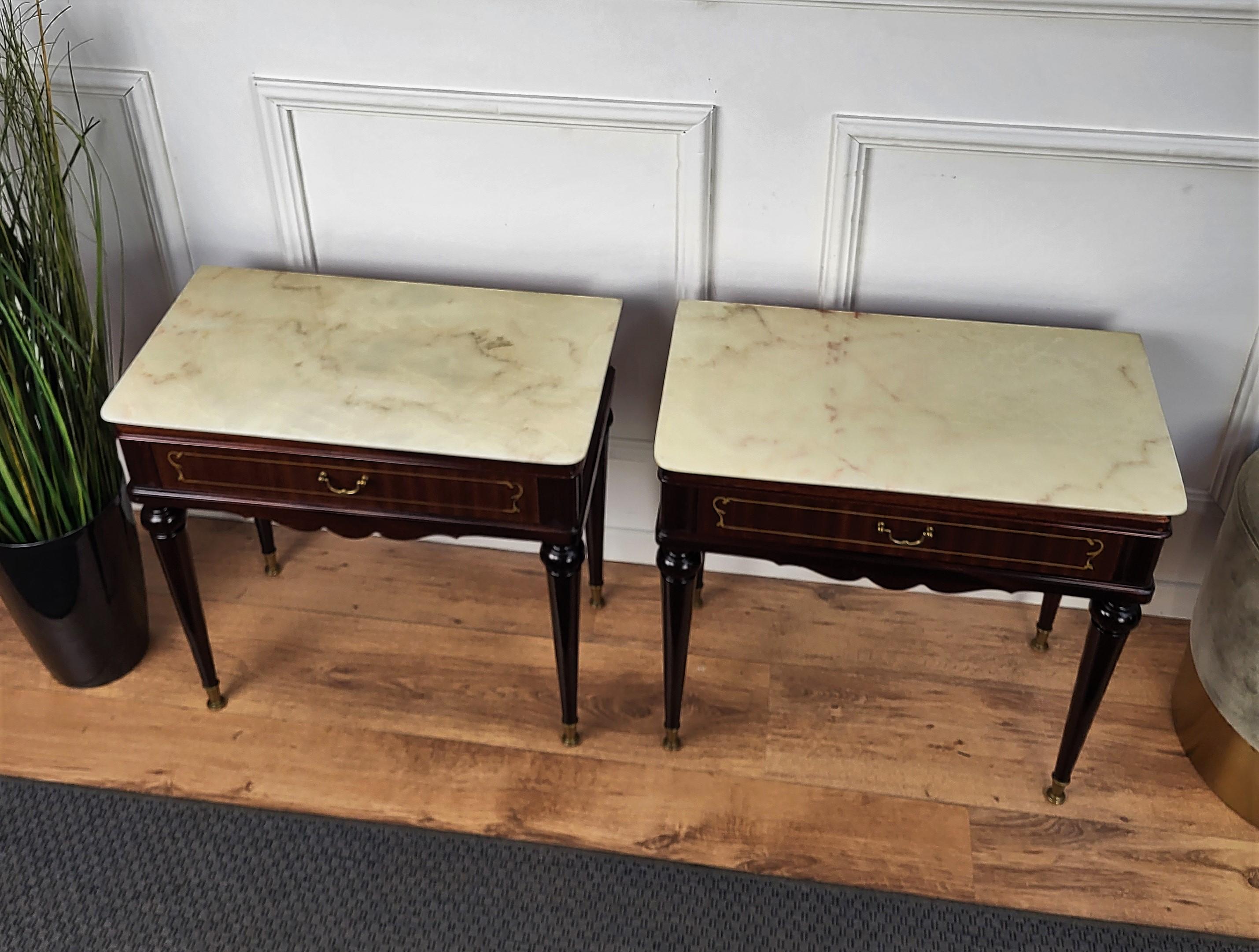 Pair of Italian Brass Marble Mid-Century Art Deco Night Stands Bed Side Tables For Sale 1